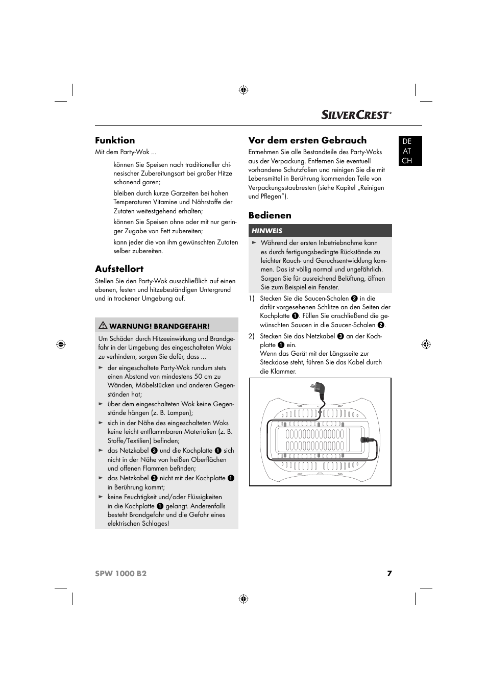 Funktion, Aufstellort, Vor dem ersten gebrauch | Bedienen | Silvercrest SPW 1000 B2 User Manual | Page 10 / 52