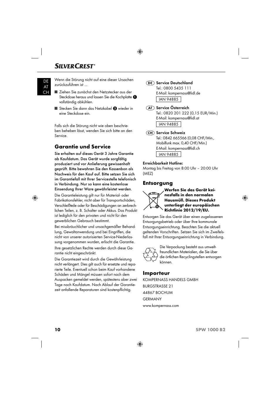 Garantie und service, Entsorgung, Importeur | Silvercrest SPW 1000 B2 User Manual | Page 13 / 52
