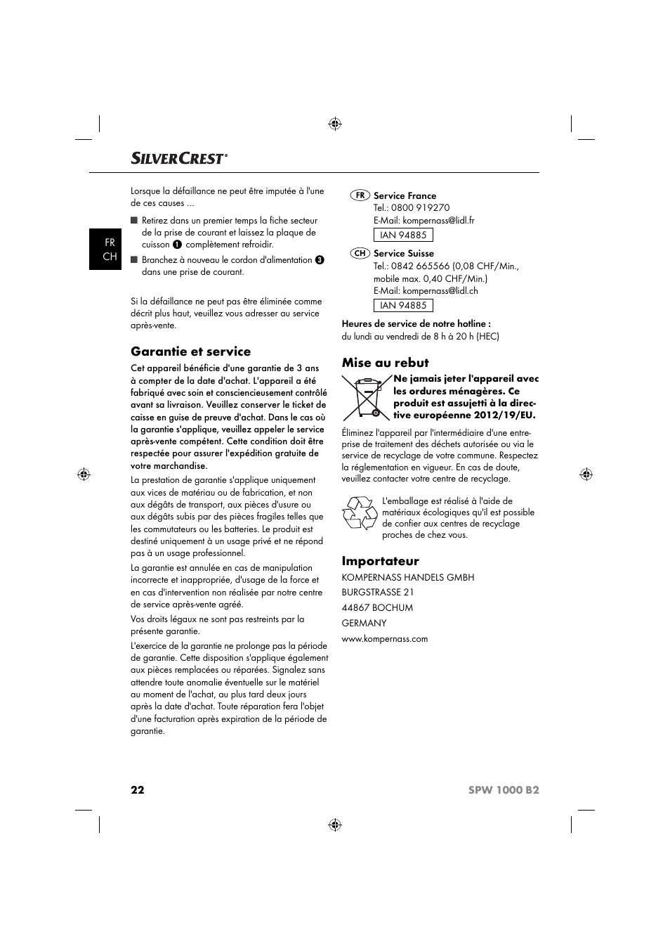 Garantie et service, Mise au rebut, Importateur | Silvercrest SPW 1000 B2 User Manual | Page 25 / 52