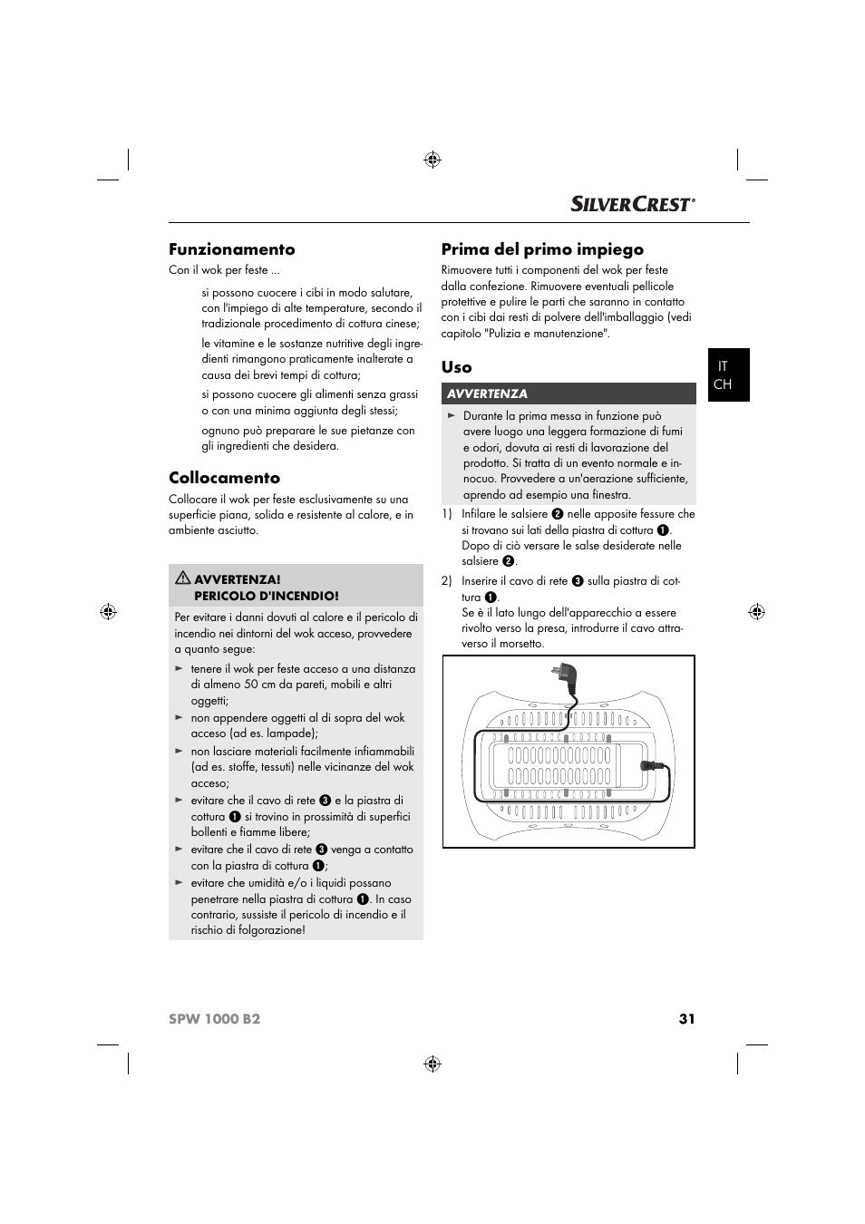 Funzionamento, Collocamento, Prima del primo impiego | Silvercrest SPW 1000 B2 User Manual | Page 34 / 52