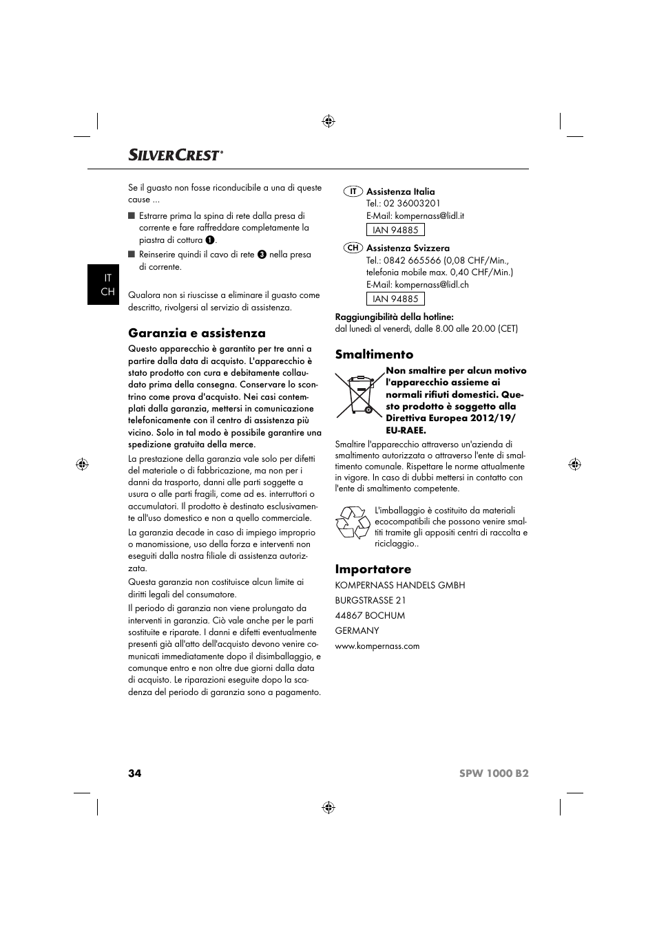 Garanzia e assistenza, Smaltimento, Importatore | Silvercrest SPW 1000 B2 User Manual | Page 37 / 52