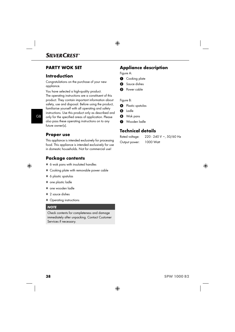 Party wok set introduction, Proper use, Package contents | Appliance description, Technical details | Silvercrest SPW 1000 B2 User Manual | Page 41 / 52