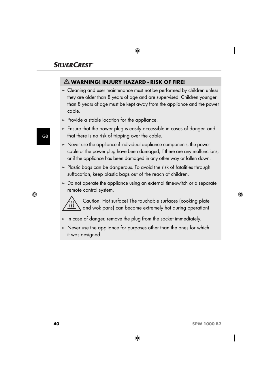 Warning! injury hazard - risk of fire, Provide a stable location for the appliance | Silvercrest SPW 1000 B2 User Manual | Page 43 / 52