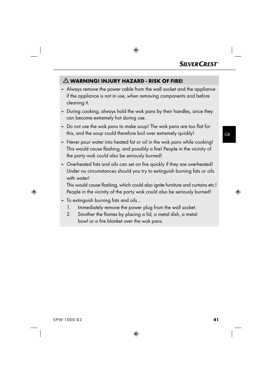 Warning! injury hazard - risk of fire | Silvercrest SPW 1000 B2 User Manual | Page 44 / 52