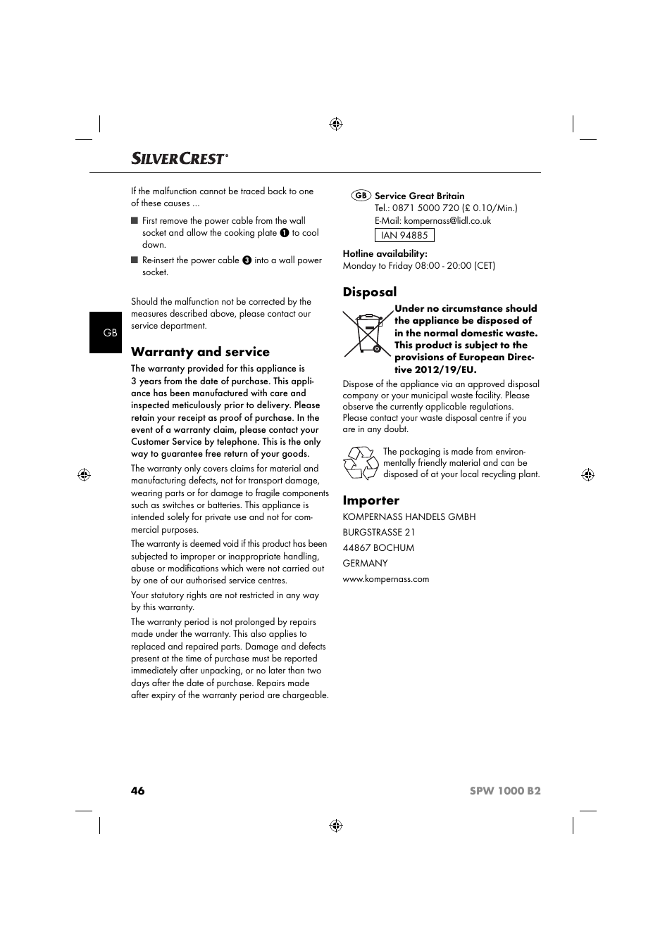 Warranty and service, Disposal, Importer | Silvercrest SPW 1000 B2 User Manual | Page 49 / 52