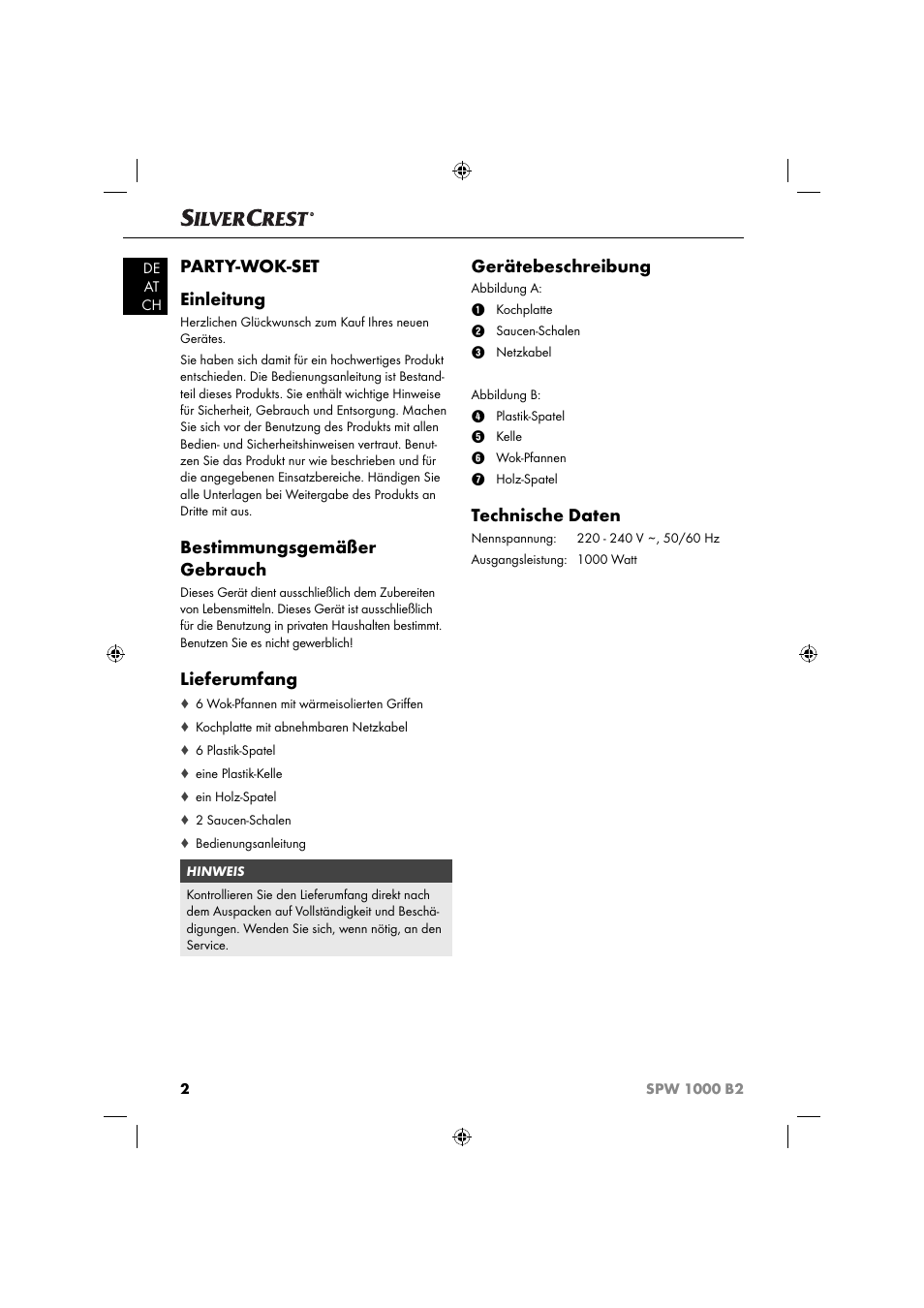 Party-wok-set einleitung, Bestimmungsgemäßer gebrauch, Lieferumfang | Gerätebeschreibung, Technische daten | Silvercrest SPW 1000 B2 User Manual | Page 5 / 52