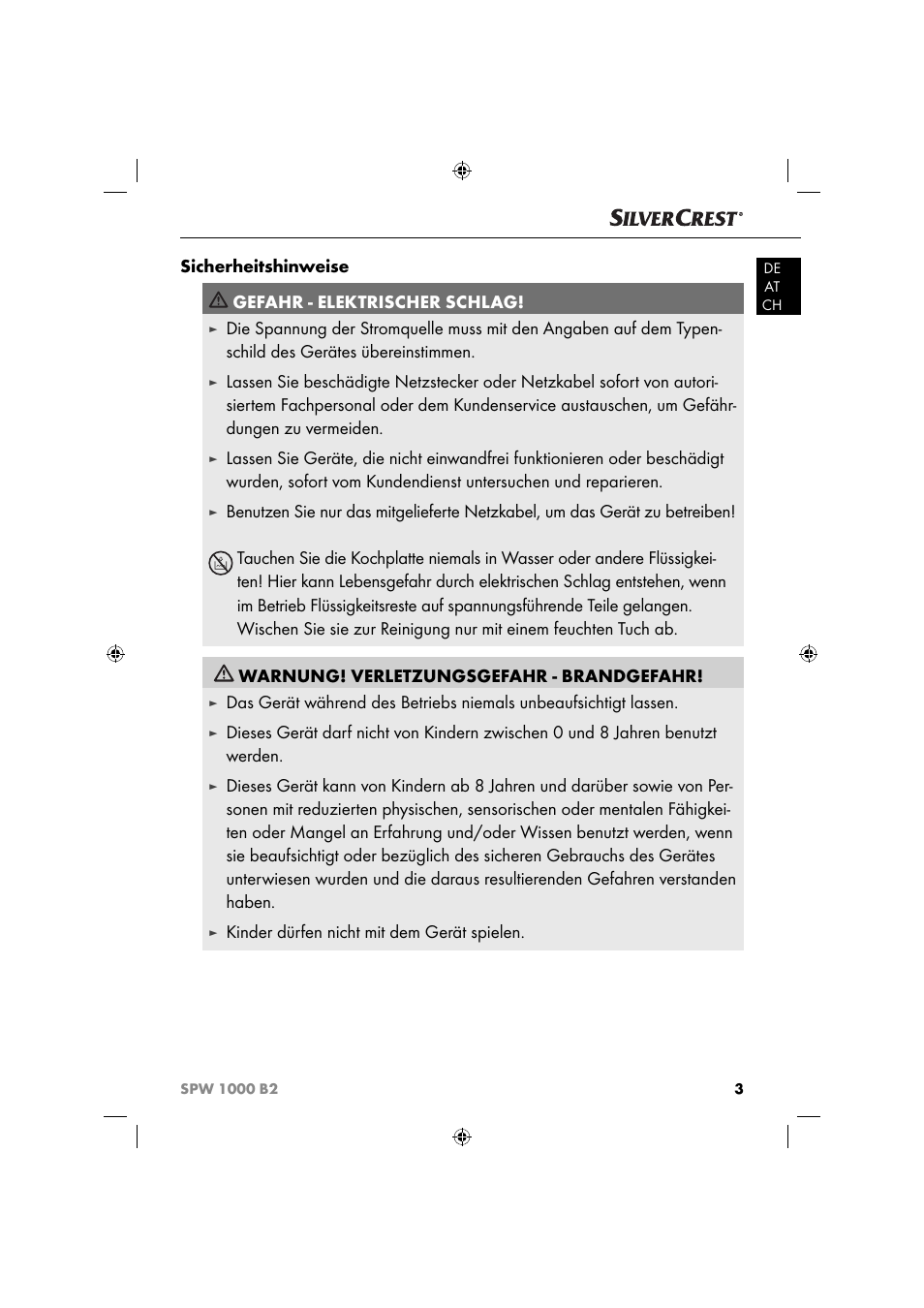 Sicherheitshinweise gefahr - elektrischer schlag, Kinder dürfen nicht mit dem gerät spielen | Silvercrest SPW 1000 B2 User Manual | Page 6 / 52