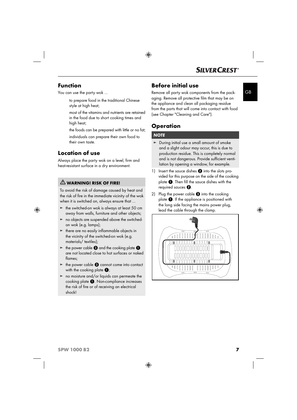 Function, Location of use, Before initial use | Operation | Silvercrest SPW 1000 B2 User Manual | Page 10 / 64