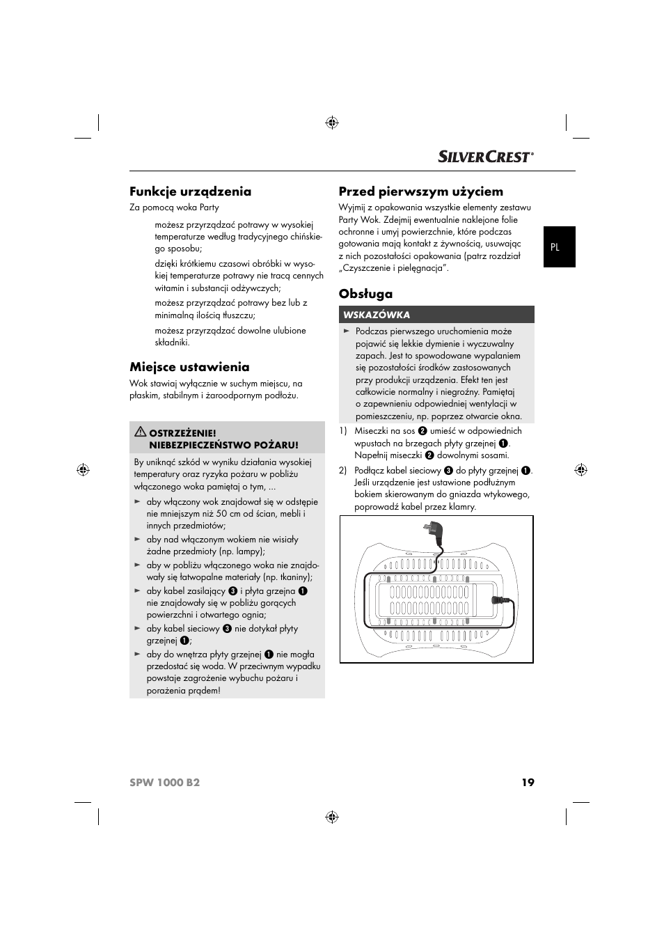 Funkcje urządzenia, Miejsce ustawienia, Przed pierwszym użyciem | Obsługa | Silvercrest SPW 1000 B2 User Manual | Page 22 / 64