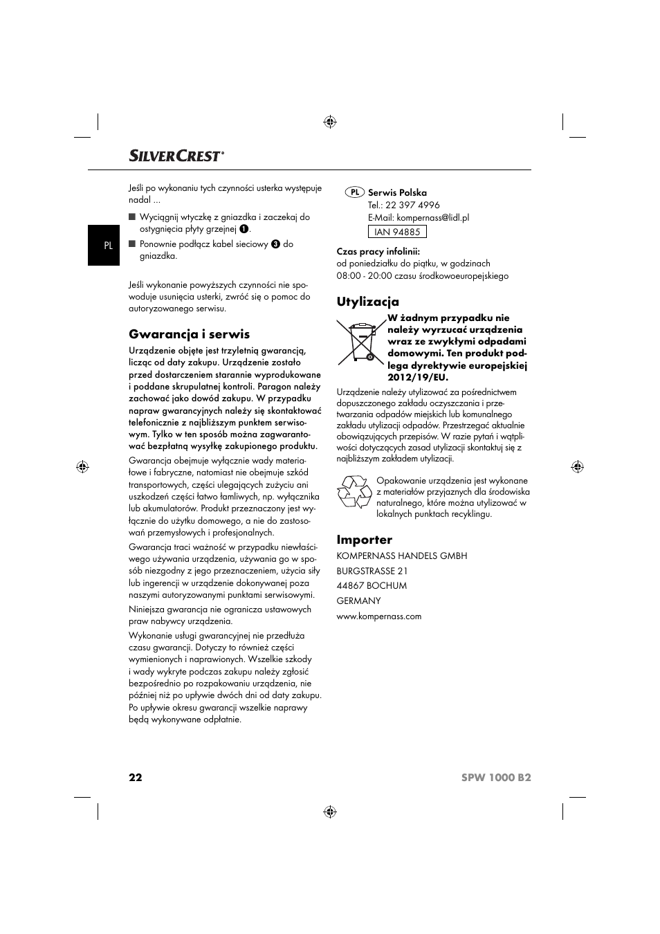 Gwarancja i serwis, Utylizacja, Importer | Silvercrest SPW 1000 B2 User Manual | Page 25 / 64