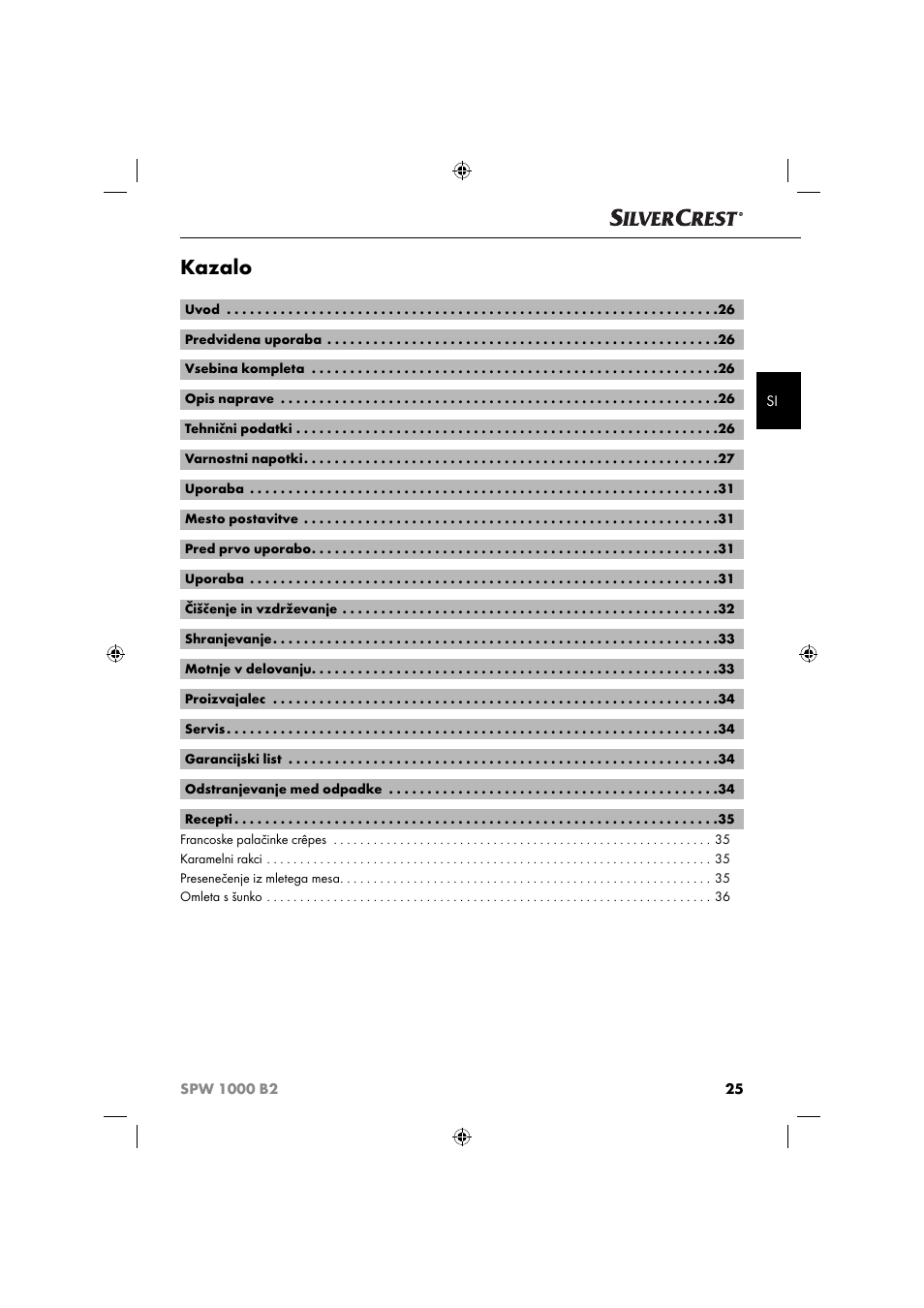 Kazalo | Silvercrest SPW 1000 B2 User Manual | Page 28 / 64