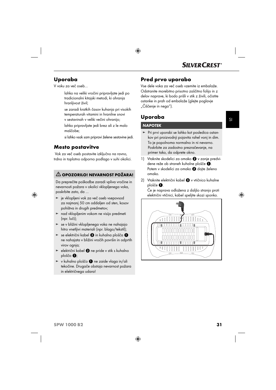 Uporaba, Mesto postavitve, Pred prvo uporabo | Silvercrest SPW 1000 B2 User Manual | Page 34 / 64