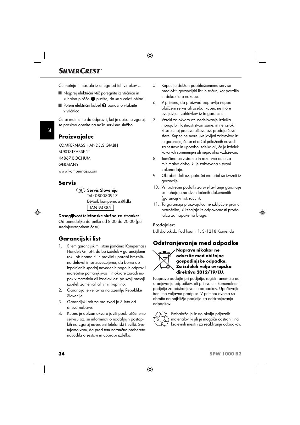 Proizvajalec, Servis, Garancijski list | Odstranjevanje med odpadke | Silvercrest SPW 1000 B2 User Manual | Page 37 / 64