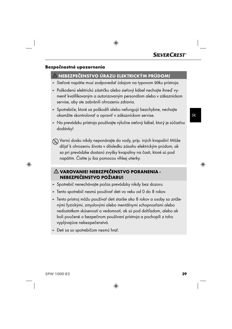 Deti sa so spotrebičom nesmú hrať | Silvercrest SPW 1000 B2 User Manual | Page 42 / 64