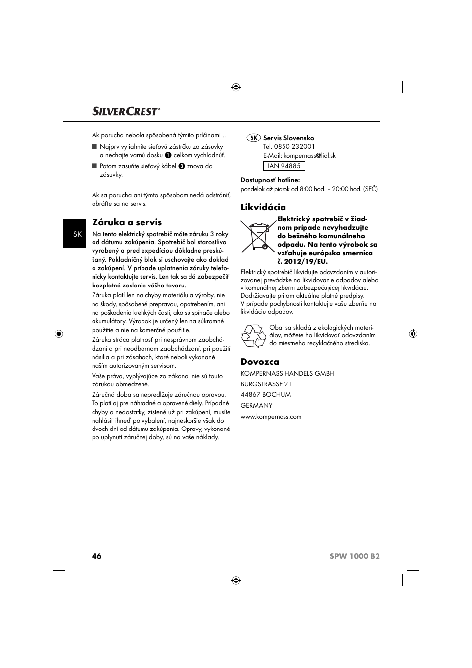 Záruka a servis, Likvidácia, Dovozca | Silvercrest SPW 1000 B2 User Manual | Page 49 / 64