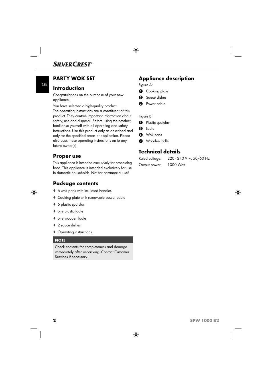 Party wok set introduction, Proper use, Package contents | Appliance description, Technical details | Silvercrest SPW 1000 B2 User Manual | Page 5 / 64