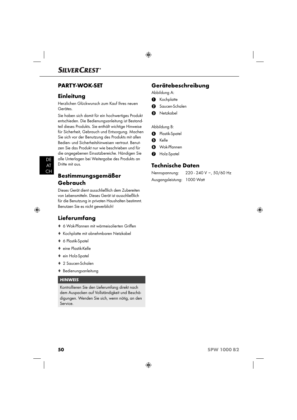 Party-wok-set einleitung, Bestimmungsgemäßer gebrauch, Lieferumfang | Gerätebeschreibung, Technische daten | Silvercrest SPW 1000 B2 User Manual | Page 53 / 64