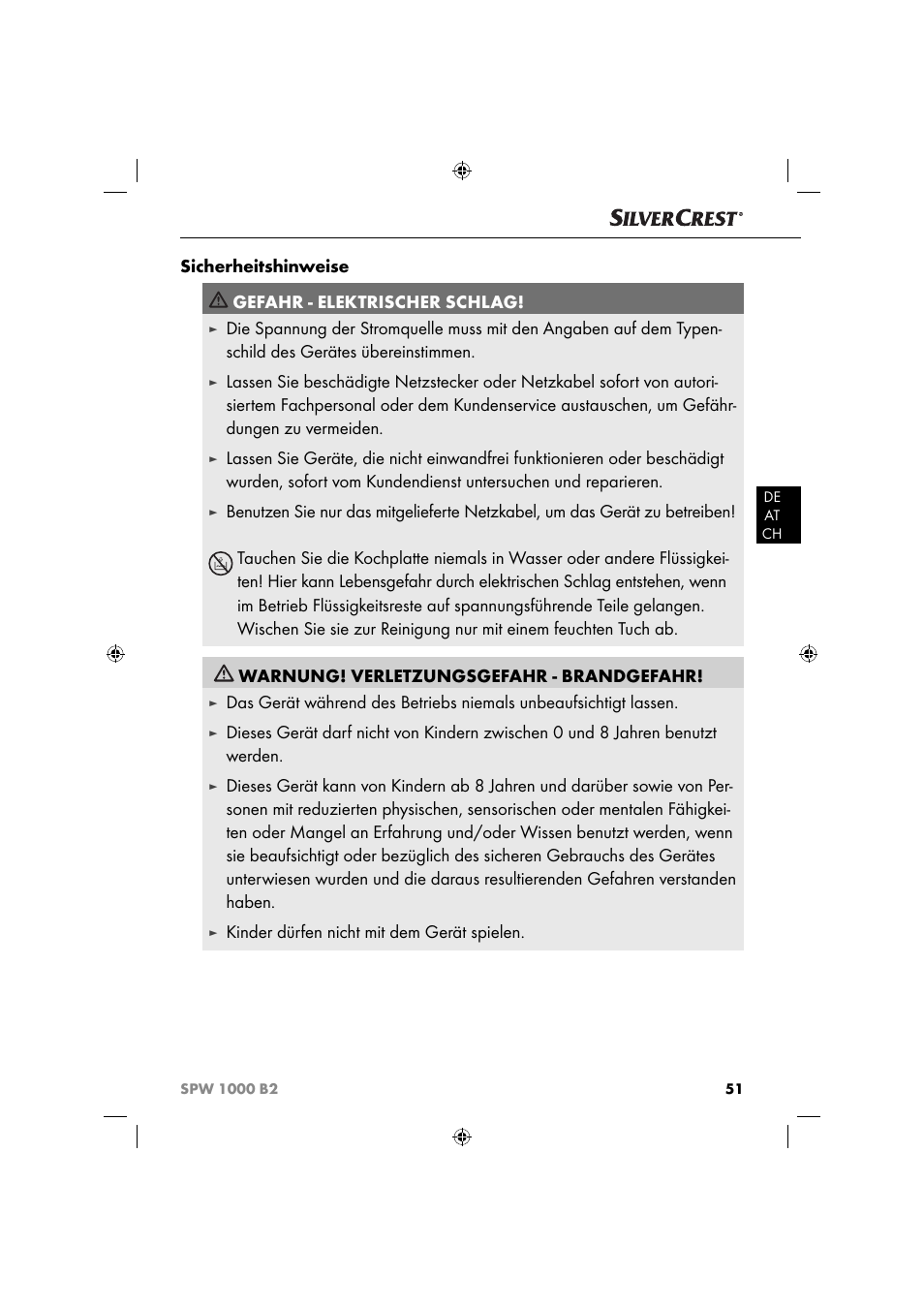 Sicherheitshinweise gefahr - elektrischer schlag, Kinder dürfen nicht mit dem gerät spielen | Silvercrest SPW 1000 B2 User Manual | Page 54 / 64