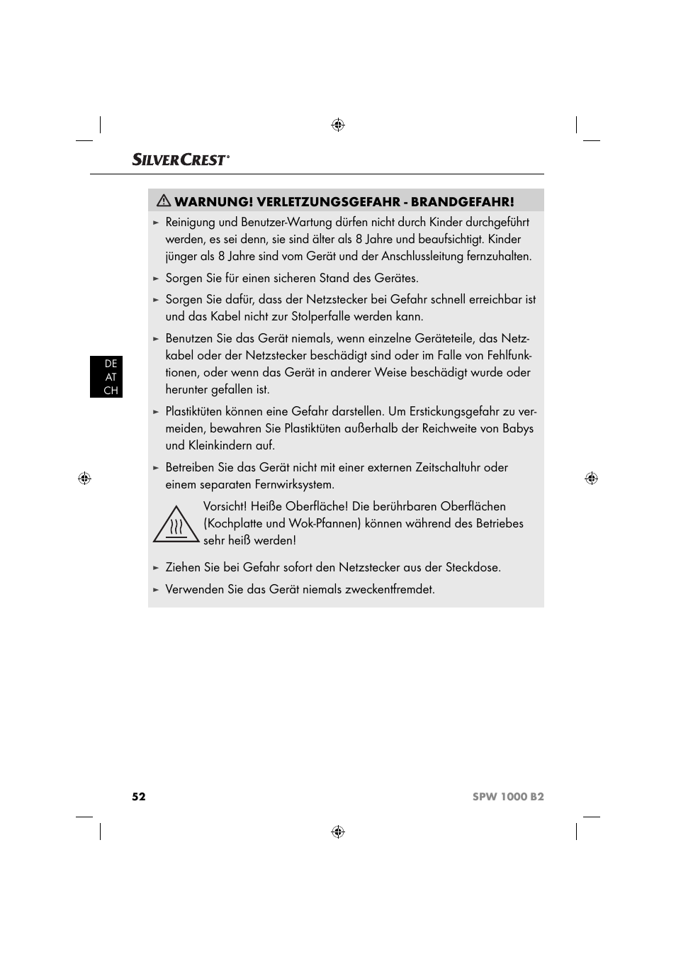 Warnung! verletzungsgefahr - brandgefahr, Sorgen sie für einen sicheren stand des gerätes, Verwenden sie das gerät niemals zweckentfremdet | Silvercrest SPW 1000 B2 User Manual | Page 55 / 64