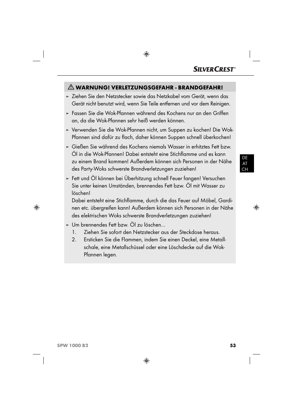 Warnung! verletzungsgefahr - brandgefahr | Silvercrest SPW 1000 B2 User Manual | Page 56 / 64