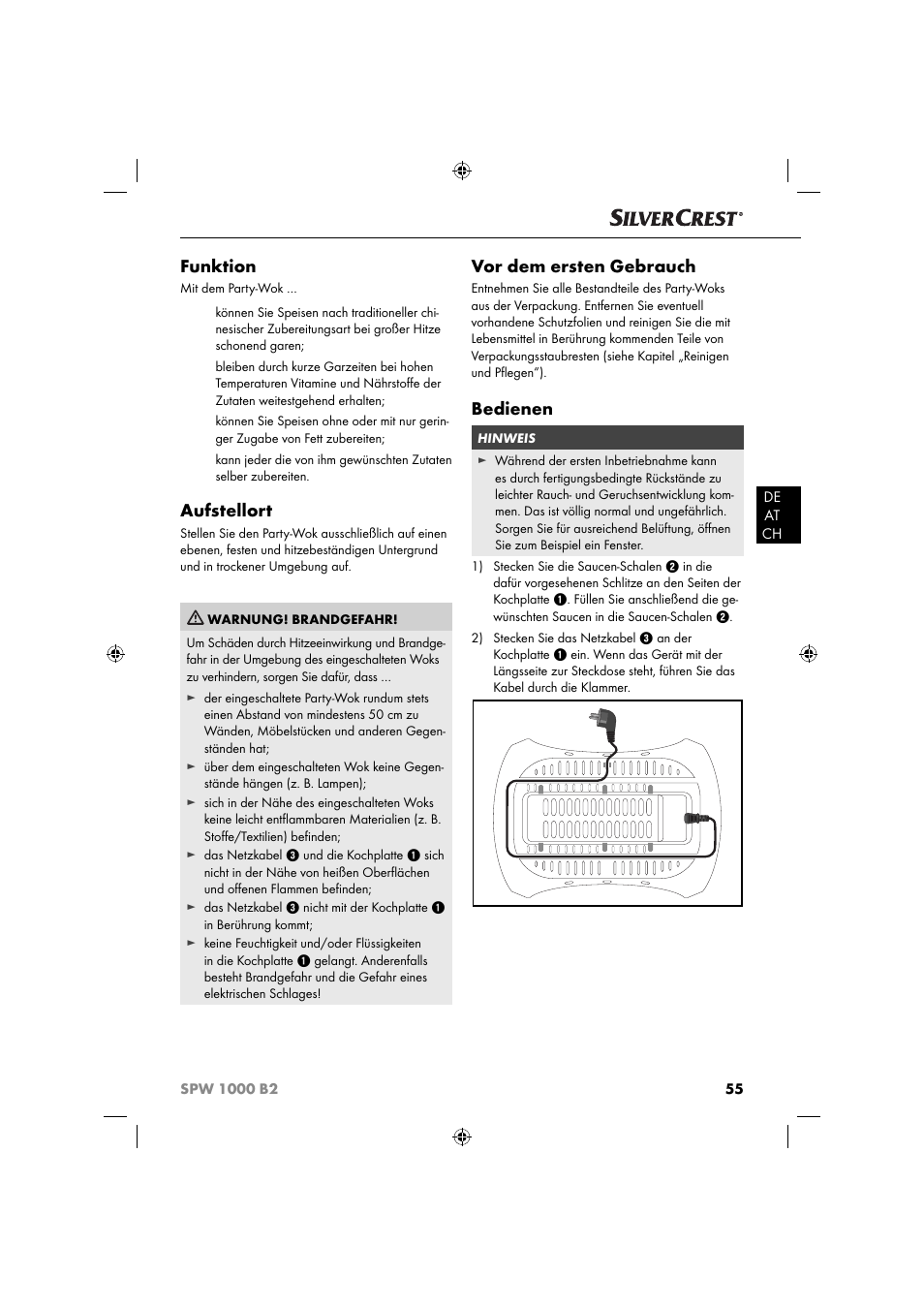 Funktion, Aufstellort, Vor dem ersten gebrauch | Bedienen | Silvercrest SPW 1000 B2 User Manual | Page 58 / 64