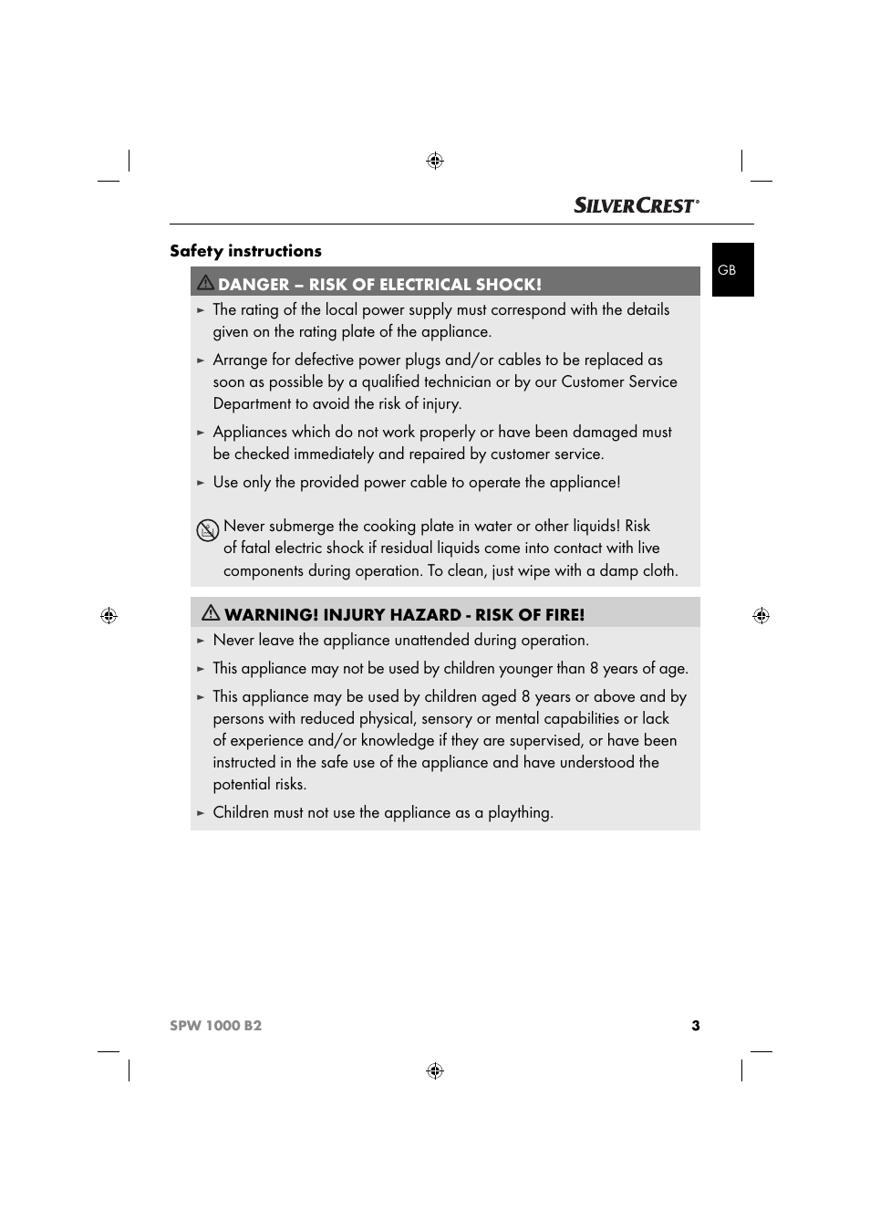 Safety instructions, Danger – risk of electrical shock, Children must not use the appliance as a plaything | Silvercrest SPW 1000 B2 User Manual | Page 6 / 64