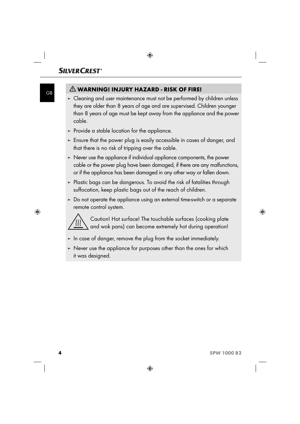 Warning! injury hazard - risk of fire, Provide a stable location for the appliance | Silvercrest SPW 1000 B2 User Manual | Page 7 / 64