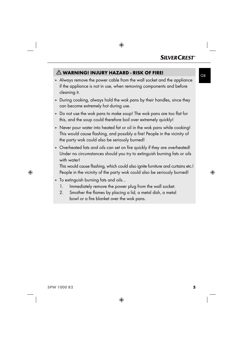 Warning! injury hazard - risk of fire | Silvercrest SPW 1000 B2 User Manual | Page 8 / 64
