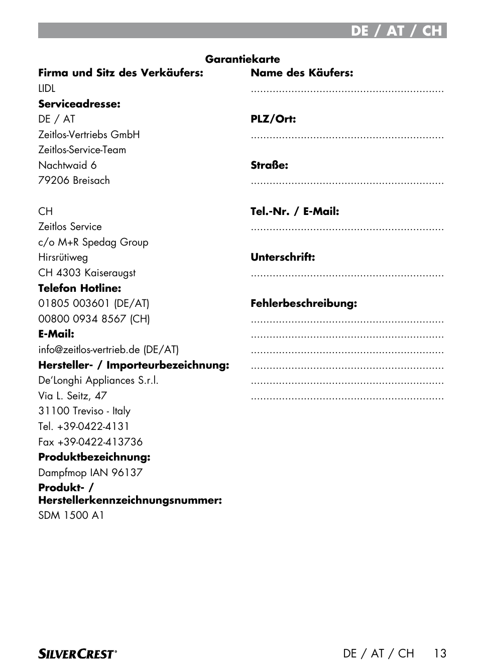 De / at / ch | Silvercrest SDM 1500 A1 User Manual | Page 15 / 64