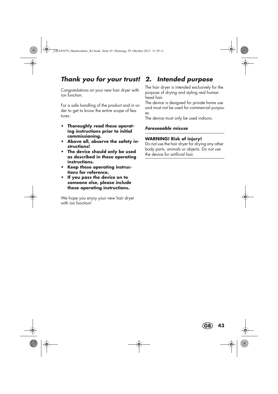 Intended purpose | Silvercrest SHTR 2200 B1 User Manual | Page 45 / 54
