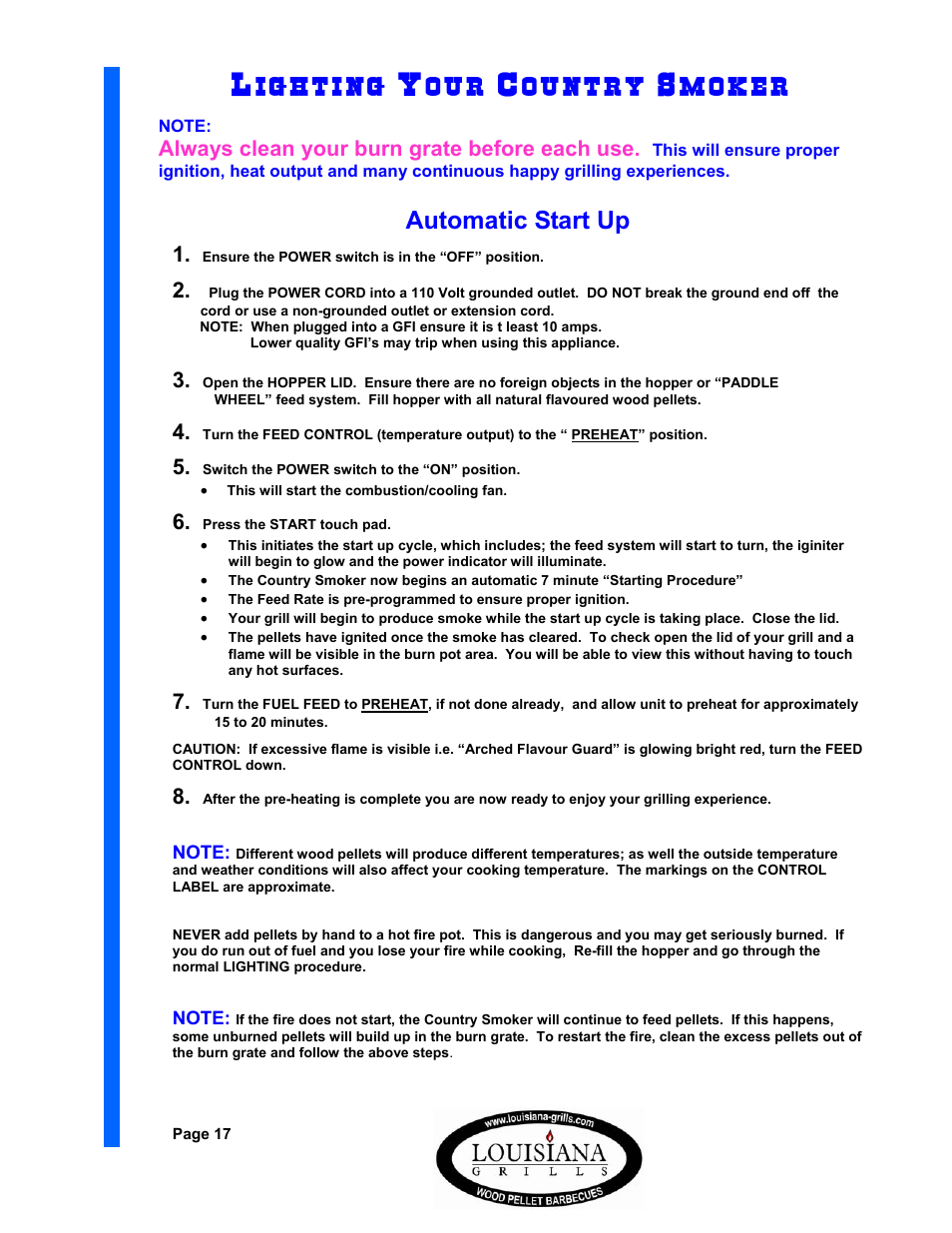 Automatic start up, Always clean your burn grate before each use | Dansons Group 680 User Manual | Page 17 / 24