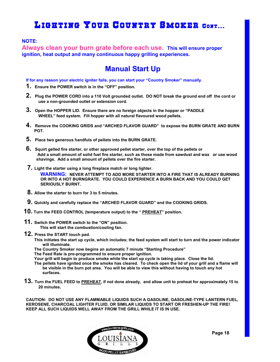 Manual start up, Always clean your burn grate before each use | Dansons Group 680 User Manual | Page 18 / 24