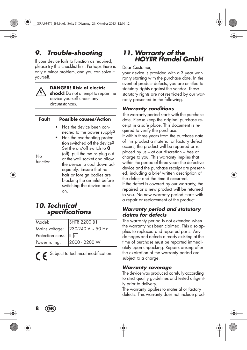 Trouble-shooting, Technical specifications, Warranty of the hoyer handel gmbh | Silvercrest SHTR 2200 B1 User Manual | Page 10 / 66
