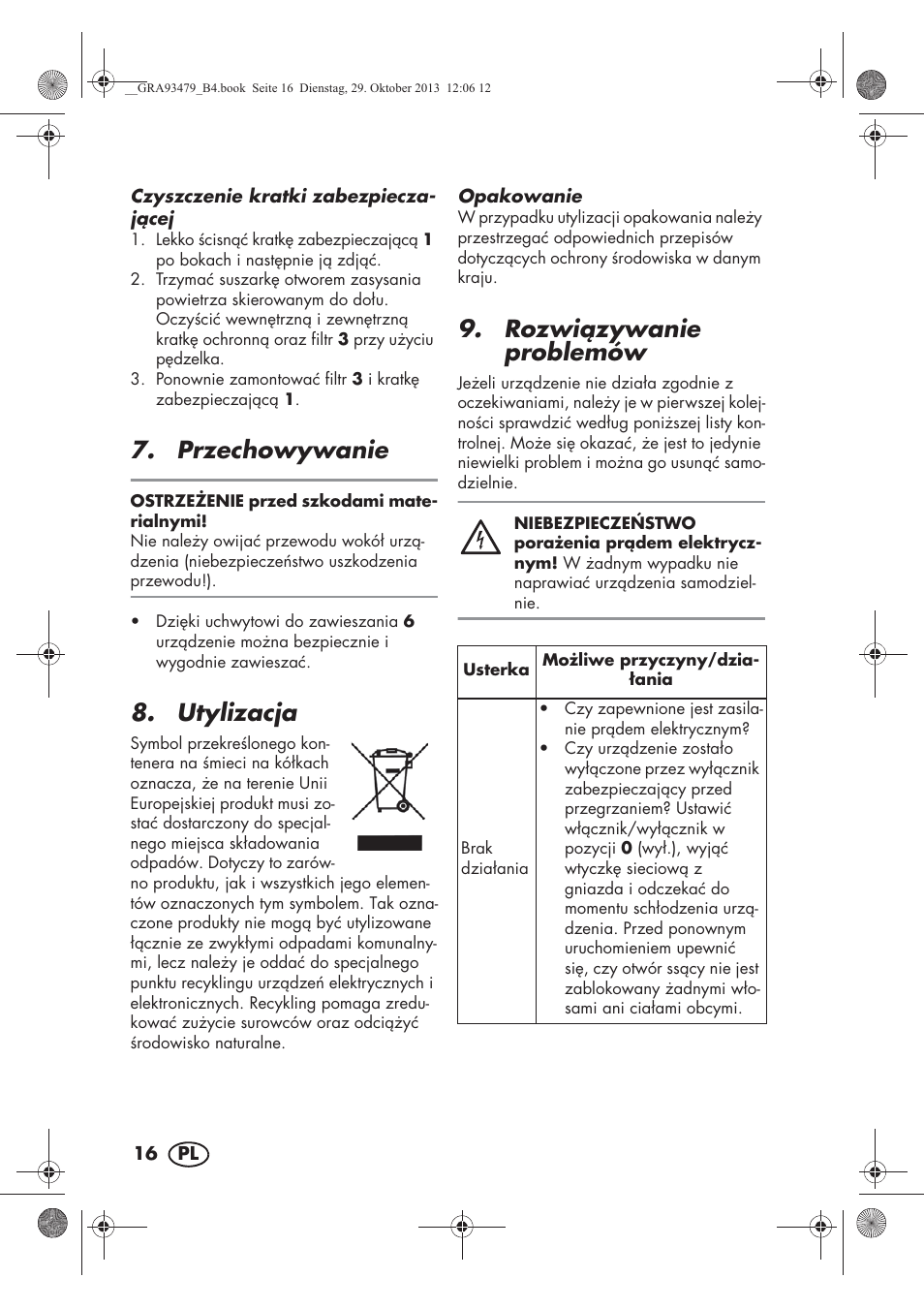 Przechowywanie, Utylizacja, Rozwizywanie problemów | Silvercrest SHTR 2200 B1 User Manual | Page 18 / 66