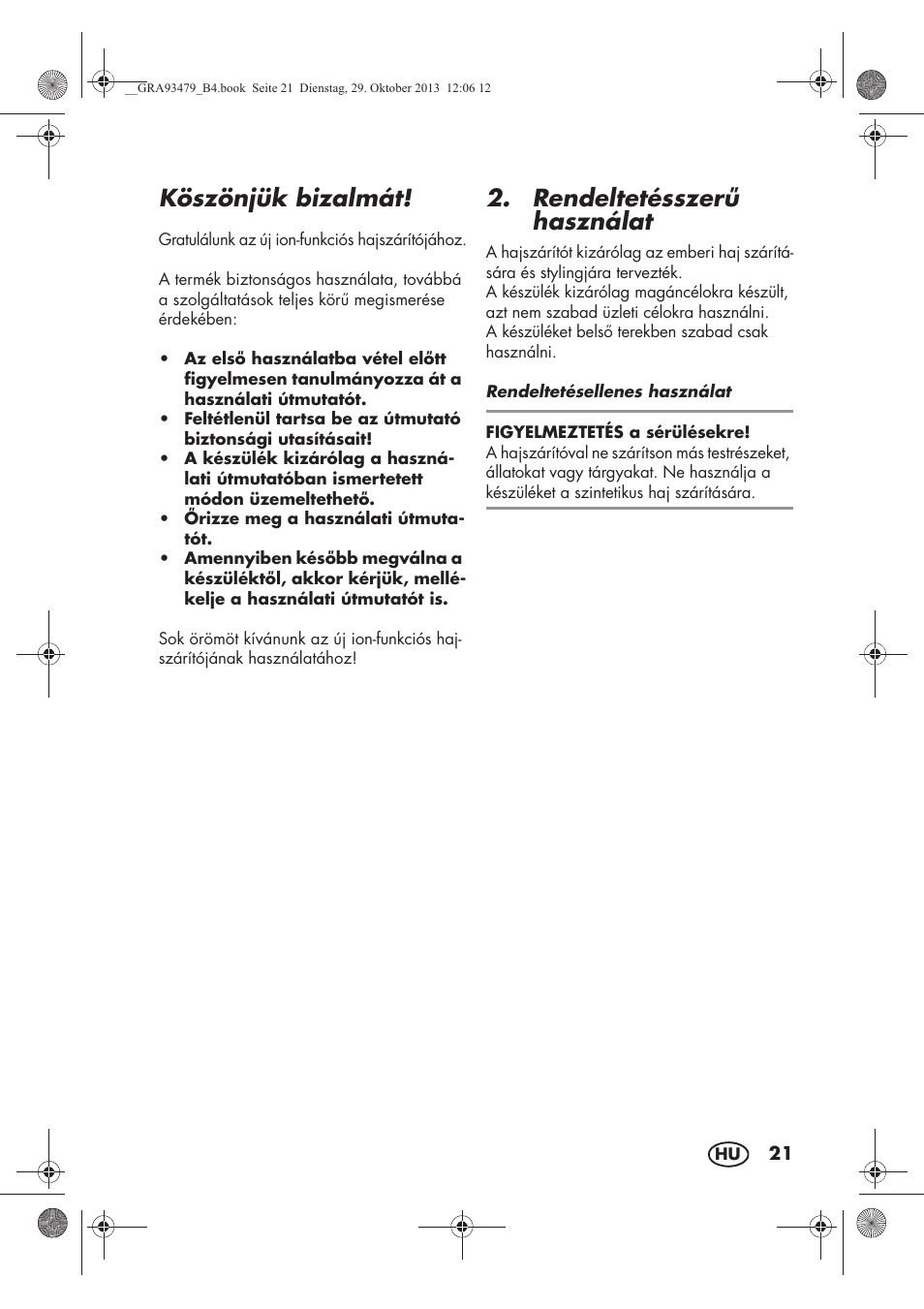 Köszönjük bizalmát, Rendeltetésszer használat | Silvercrest SHTR 2200 B1 User Manual | Page 23 / 66