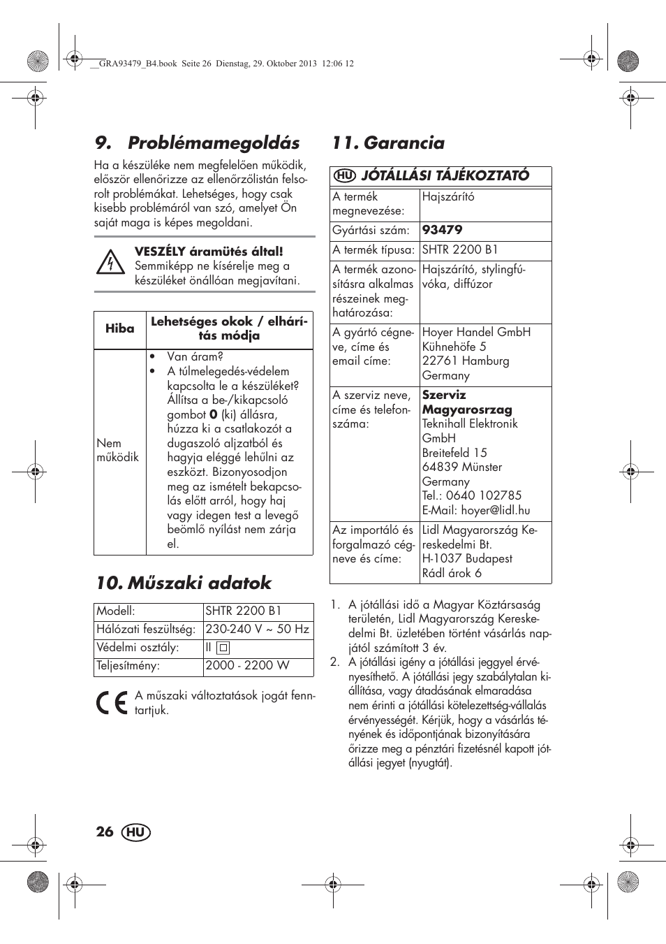 Problémamegoldás, Mszaki adatok, Garancia | Silvercrest SHTR 2200 B1 User Manual | Page 28 / 66