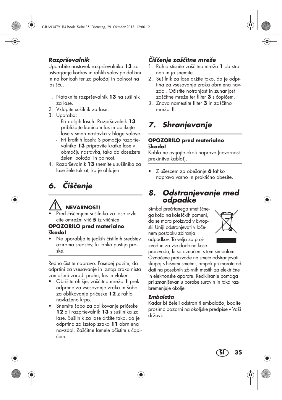 išenje, Shranjevanje, Odstranjevanje med odpadke | Silvercrest SHTR 2200 B1 User Manual | Page 37 / 66