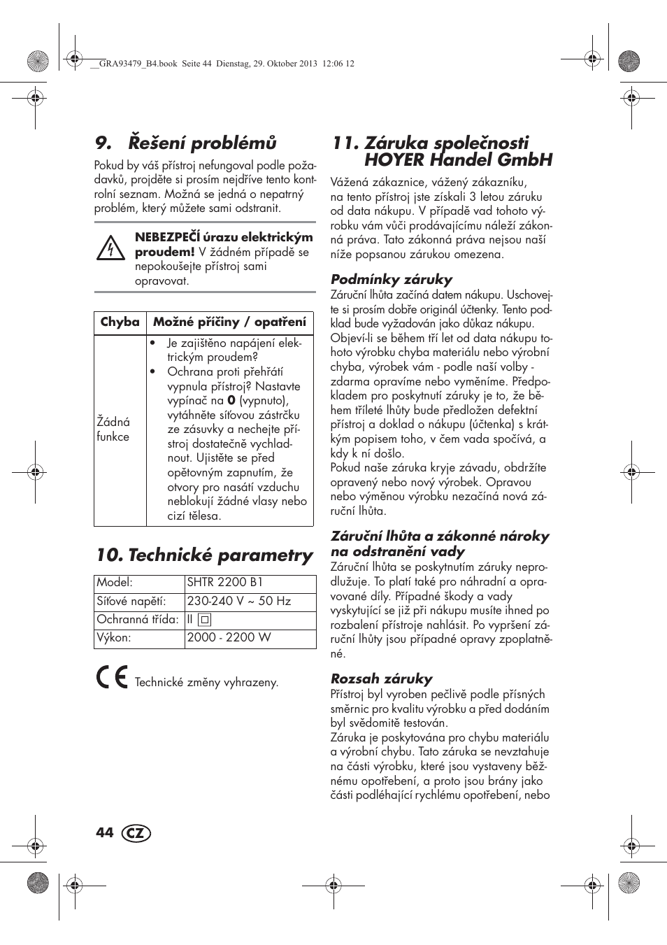 ešení problém, Technické parametry, Záruka spolenosti hoyer handel gmbh | Silvercrest SHTR 2200 B1 User Manual | Page 46 / 66