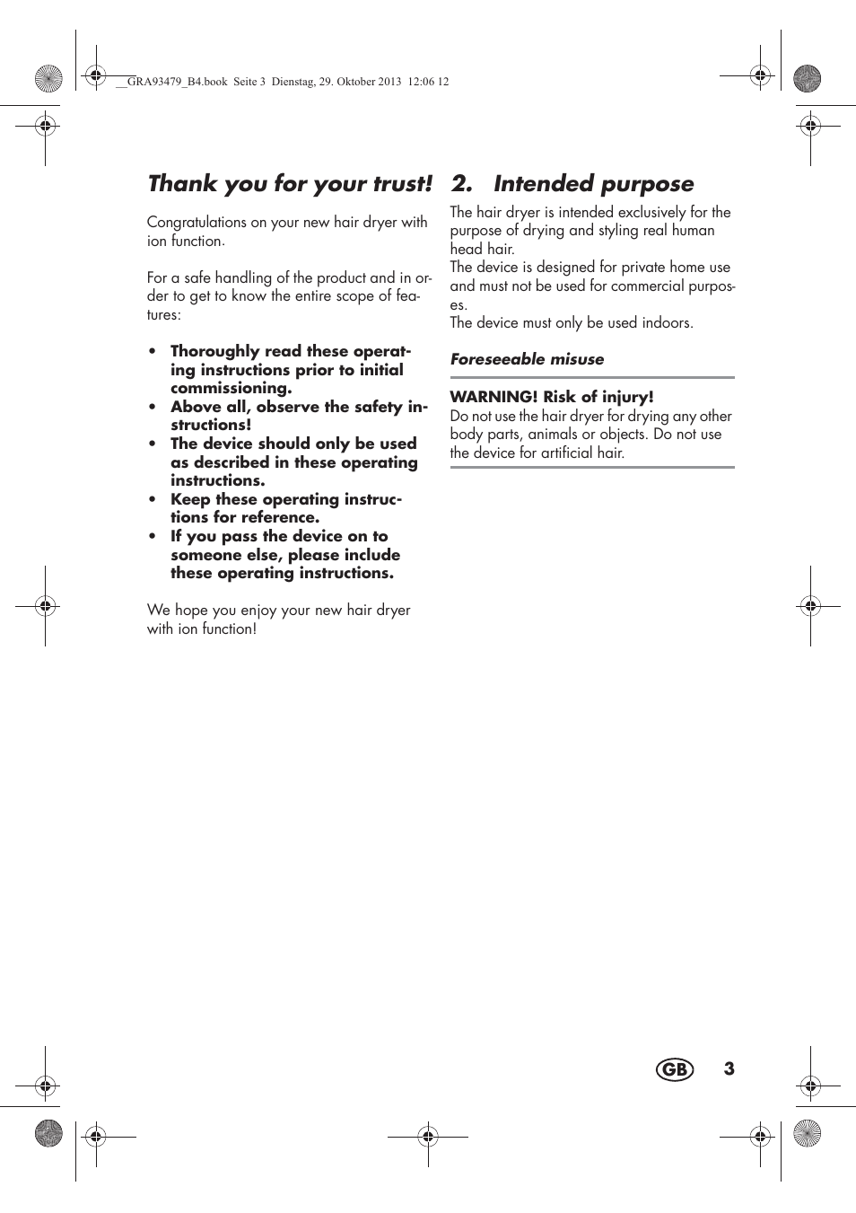 Intended purpose | Silvercrest SHTR 2200 B1 User Manual | Page 5 / 66