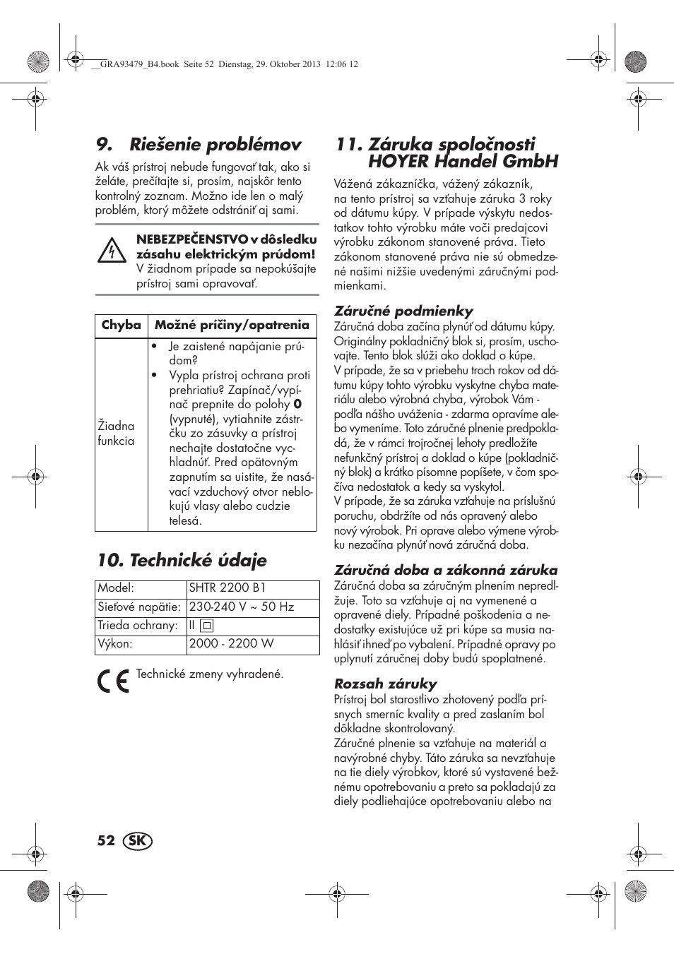 Riešenie problémov, Technické údaje, Záruka spolonosti hoyer handel gmbh | Silvercrest SHTR 2200 B1 User Manual | Page 54 / 66