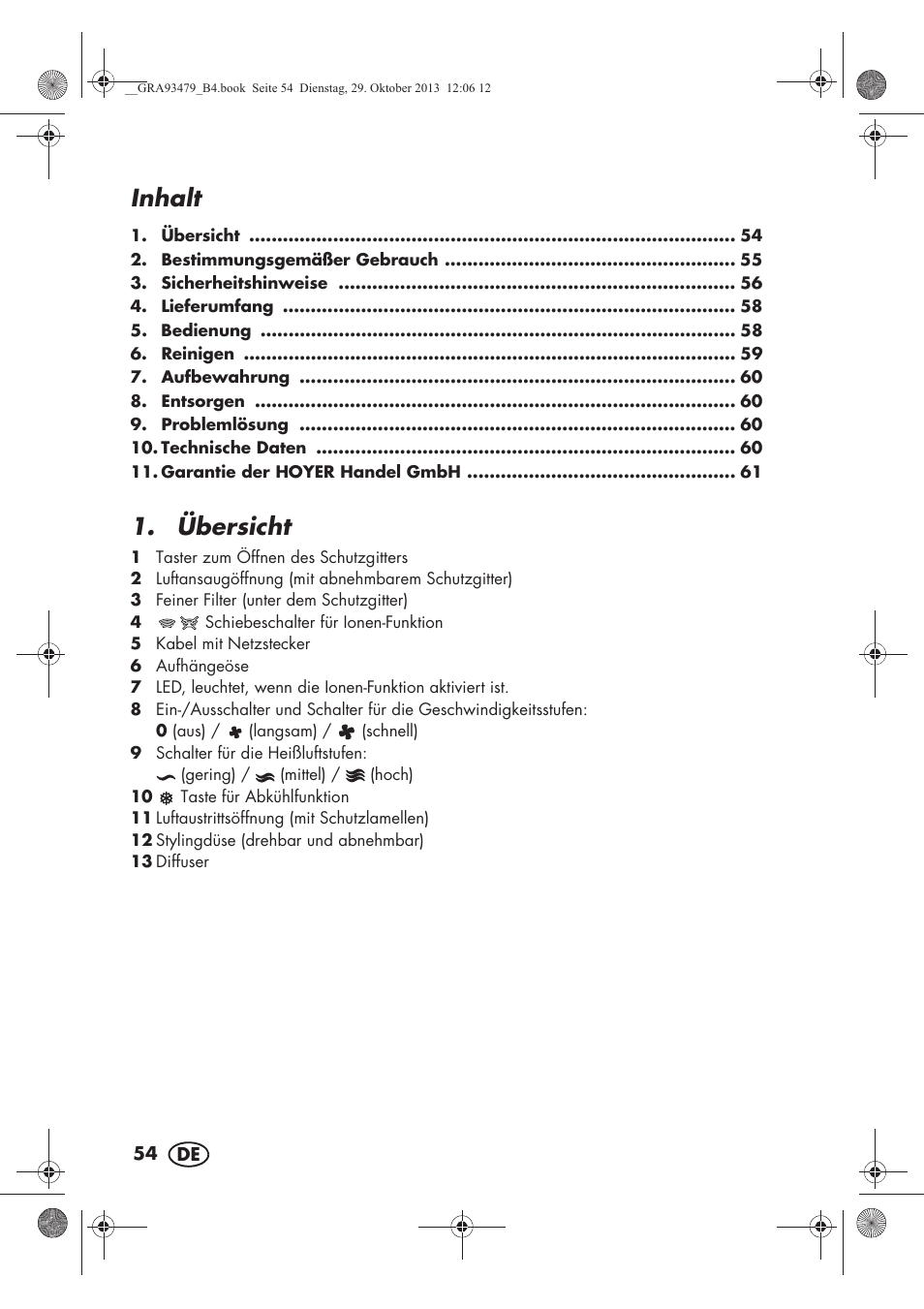 Inhalt, Übersicht | Silvercrest SHTR 2200 B1 User Manual | Page 56 / 66