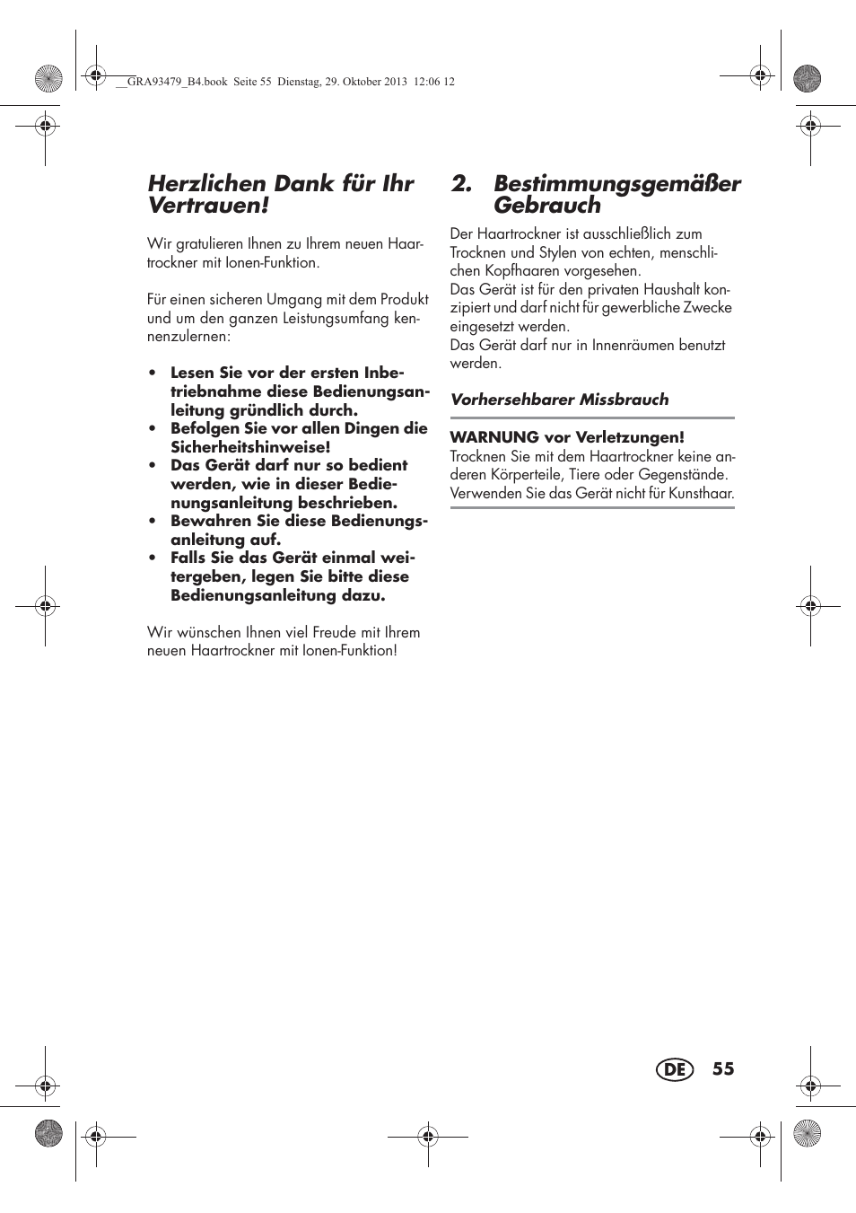 Herzlichen dank für ihr vertrauen, Bestimmungsgemäßer gebrauch | Silvercrest SHTR 2200 B1 User Manual | Page 57 / 66