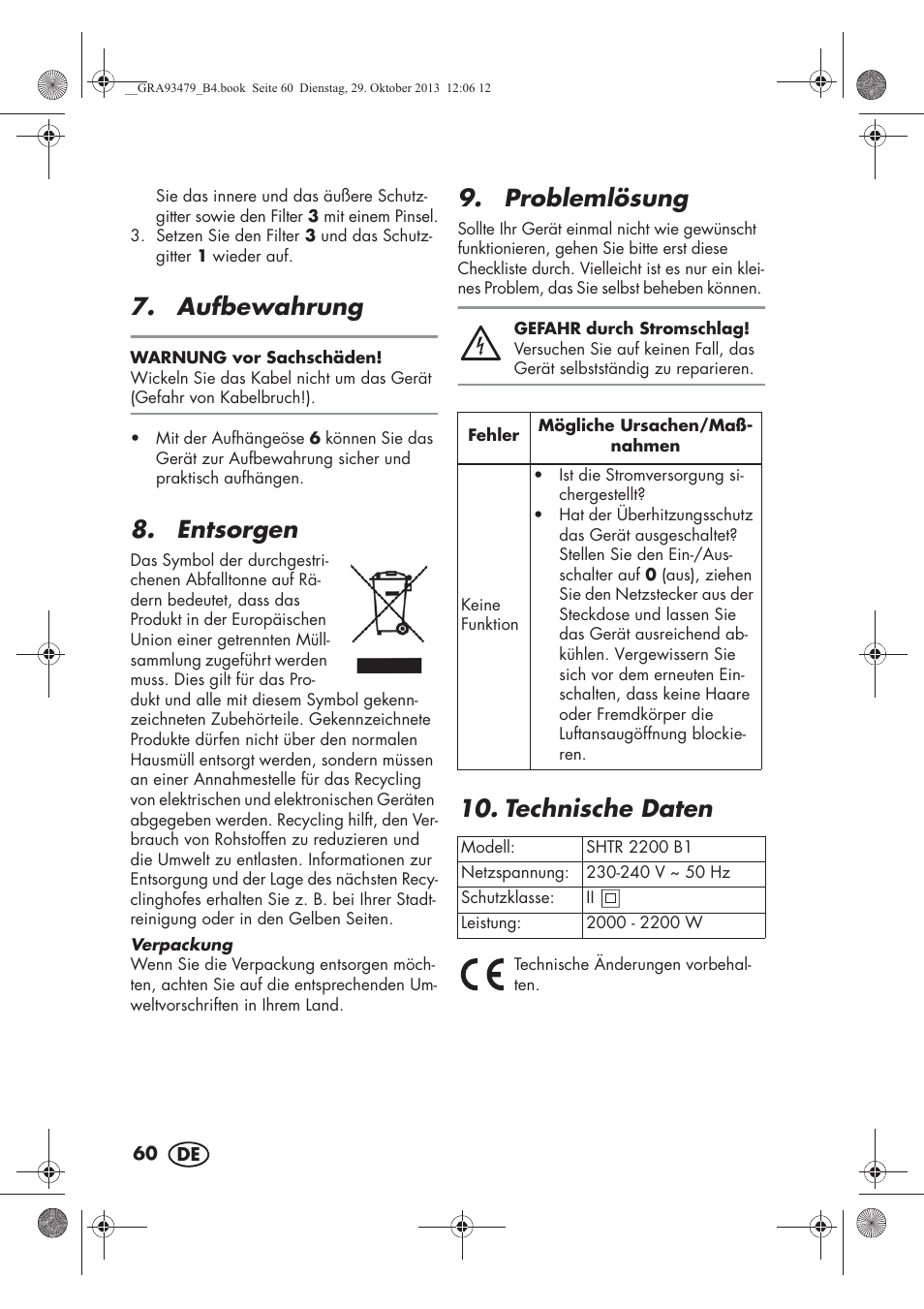 Aufbewahrung, Entsorgen, Problemlösung | Technische daten | Silvercrest SHTR 2200 B1 User Manual | Page 62 / 66