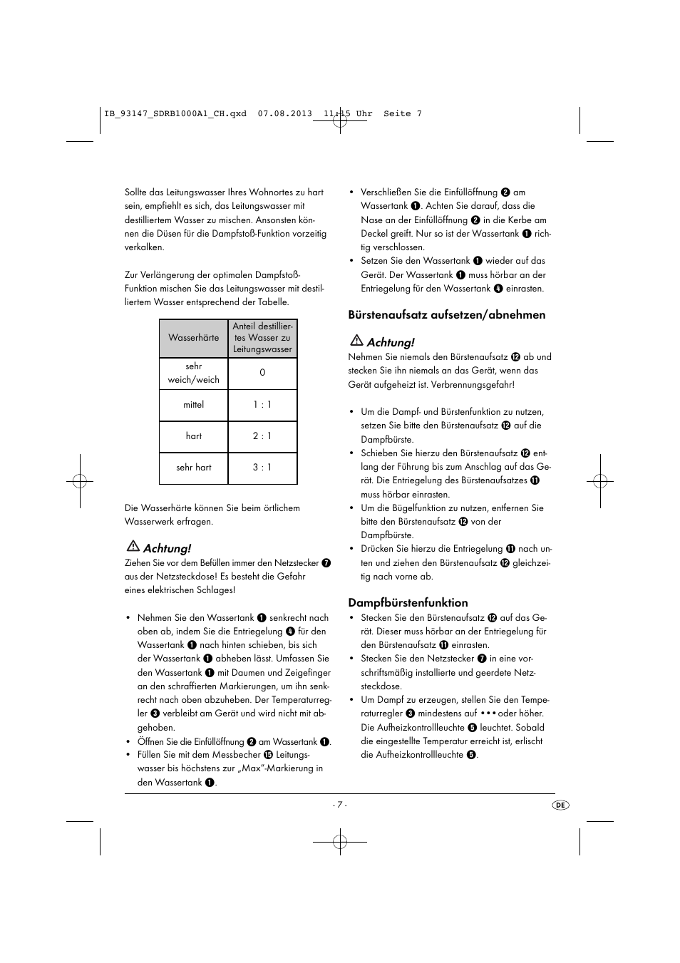 Achtung, Bürstenaufsatz aufsetzen/abnehmen achtung, Dampfbürstenfunktion | Silvercrest SDRB 1000 A1 User Manual | Page 10 / 51