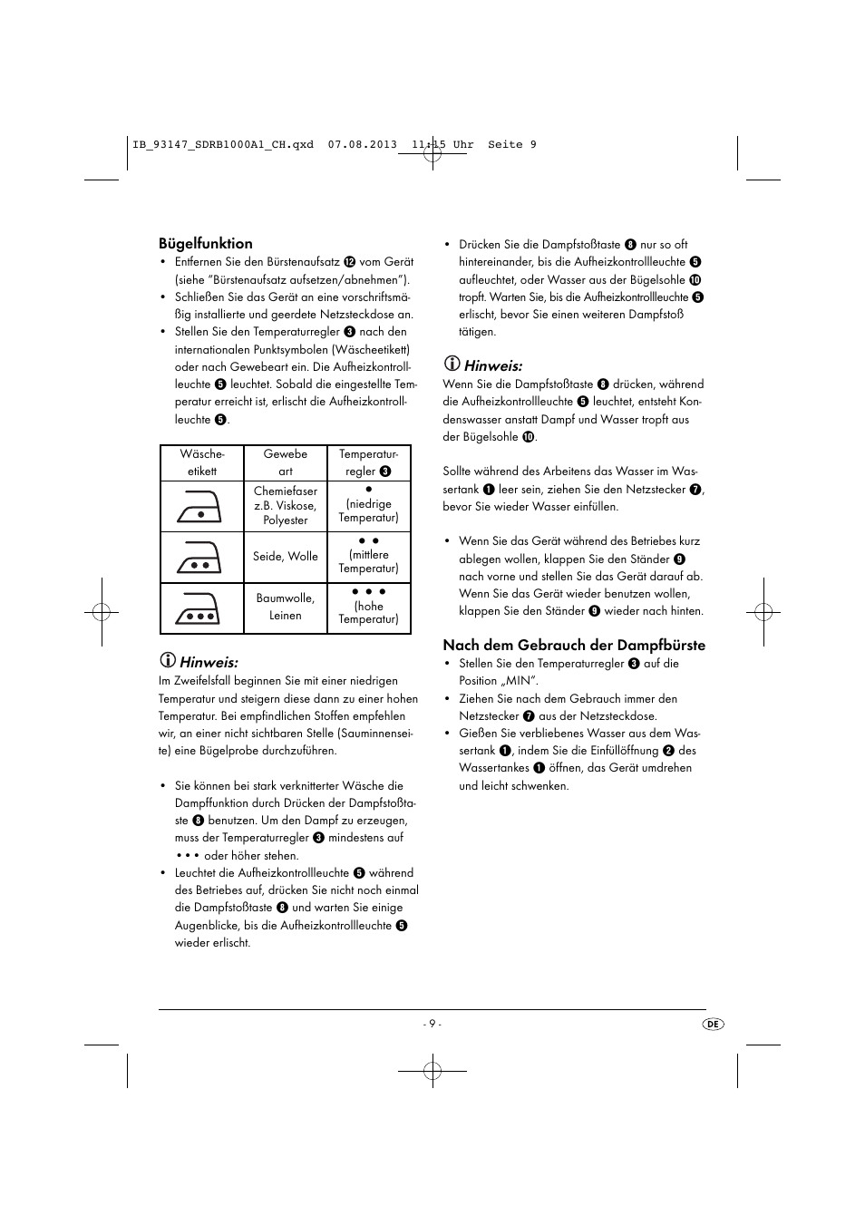 Bügelfunktion, Hinweis, Nach dem gebrauch der dampfbürste | Silvercrest SDRB 1000 A1 User Manual | Page 12 / 51