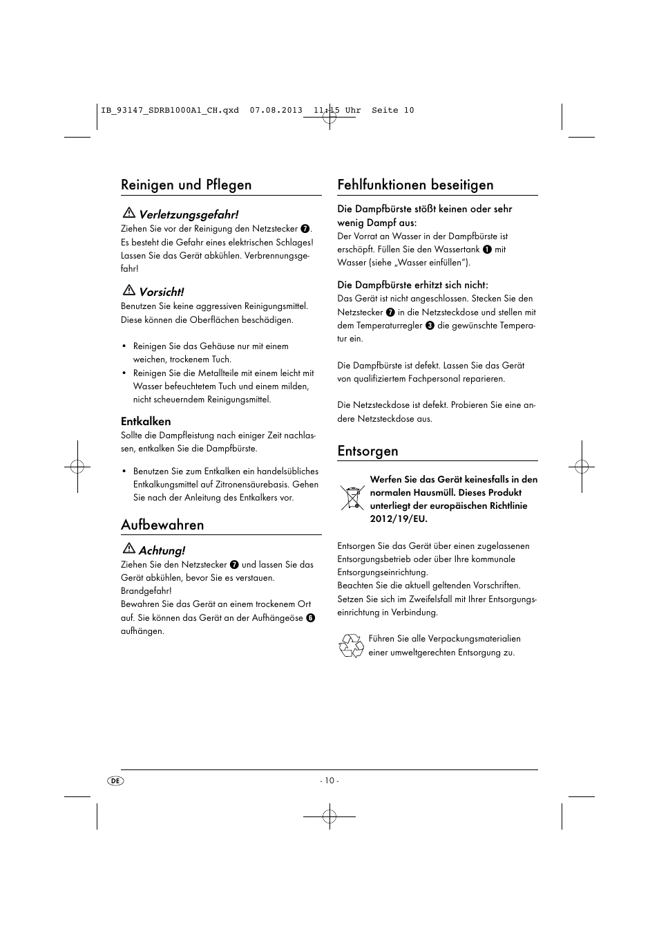 Reinigen und pflegen, Aufbewahren, Fehlfunktionen beseitigen | Entsorgen | Silvercrest SDRB 1000 A1 User Manual | Page 13 / 51