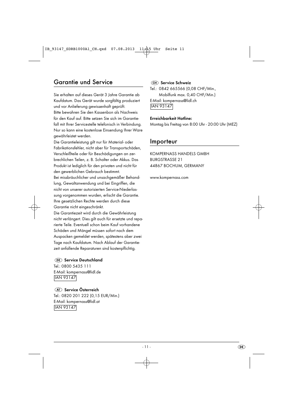 Garantie und service, Importeur | Silvercrest SDRB 1000 A1 User Manual | Page 14 / 51