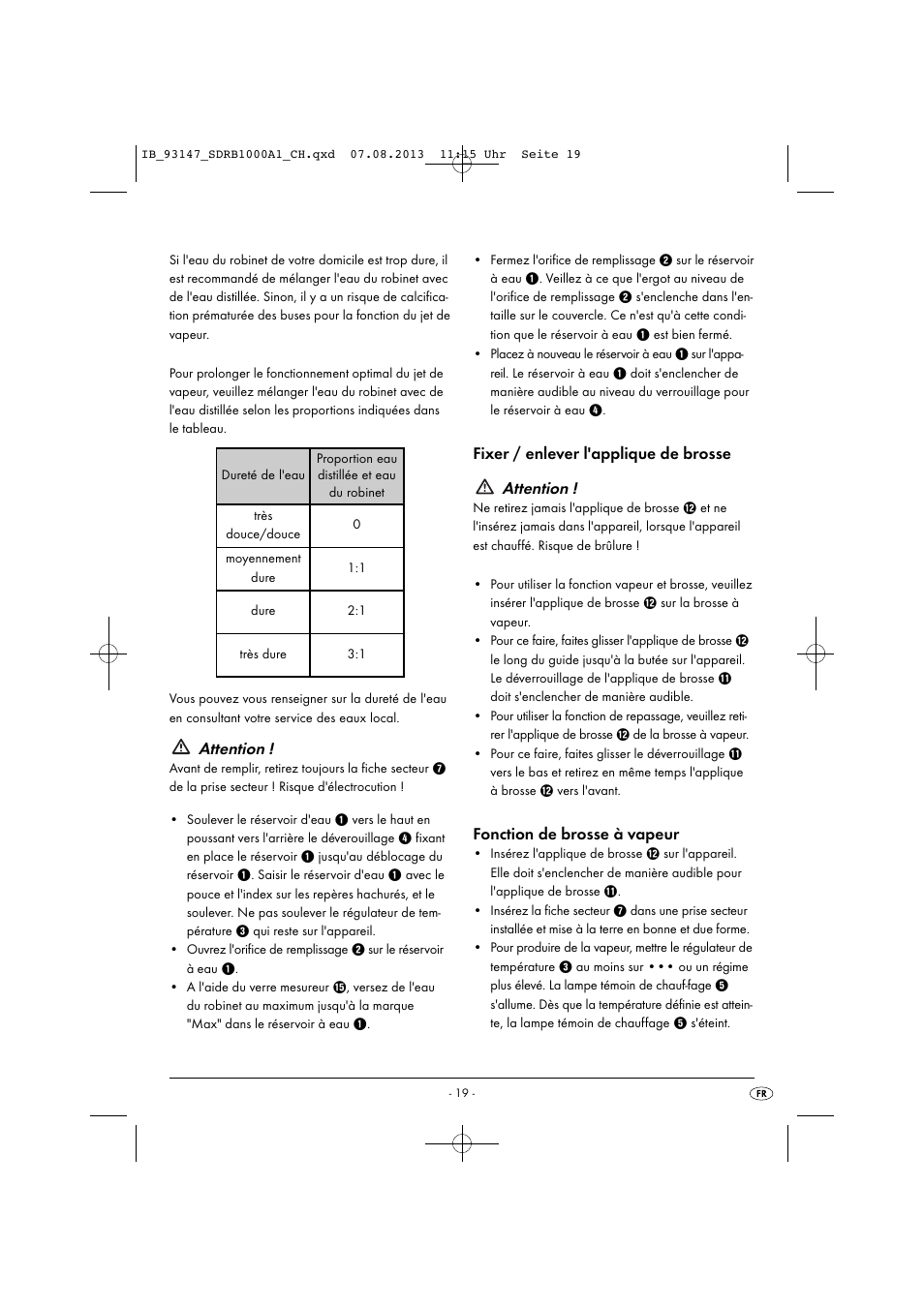 Attention, Fixer / enlever l'applique de brosse attention, Fonction de brosse à vapeur | Silvercrest SDRB 1000 A1 User Manual | Page 22 / 51
