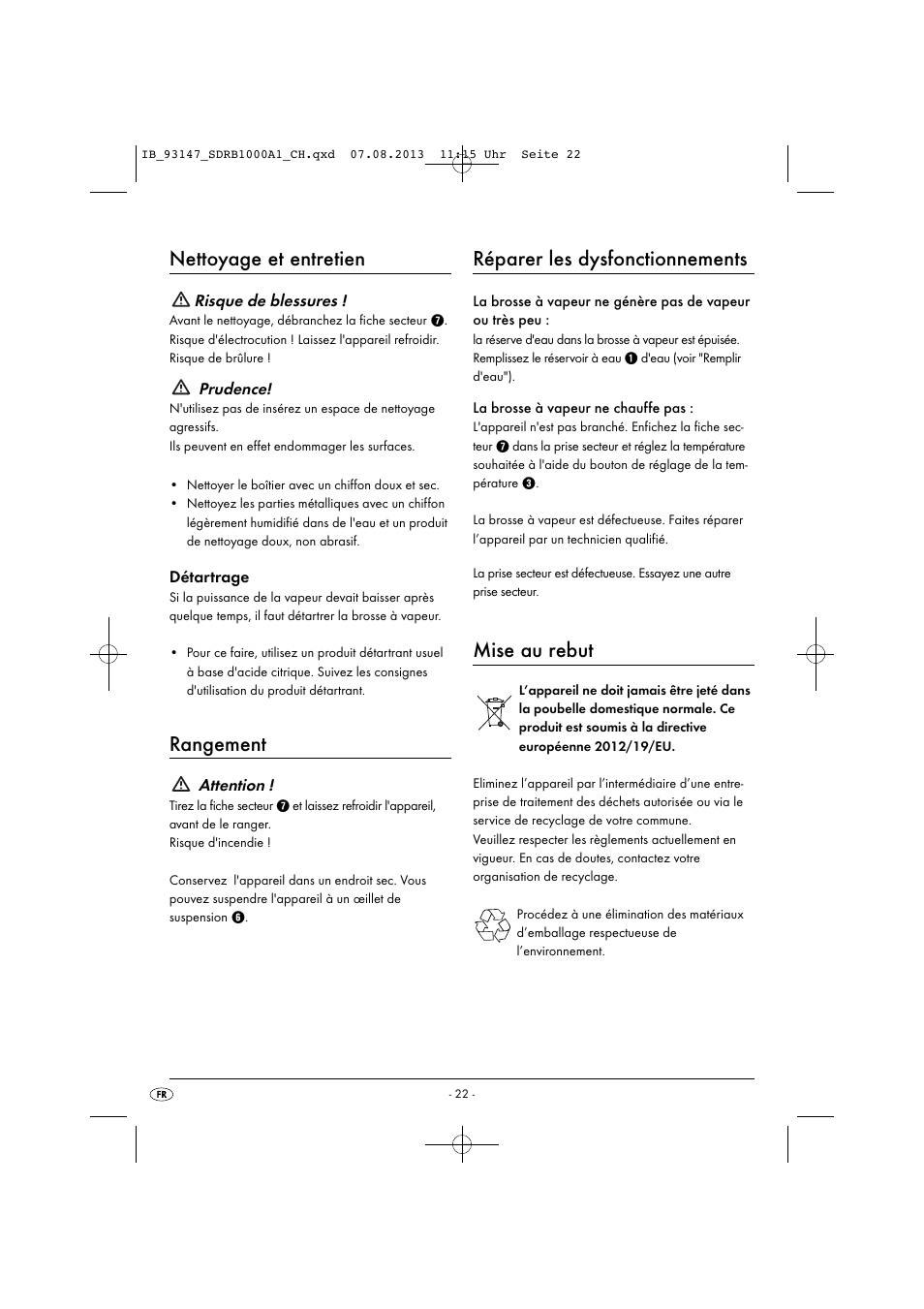 Nettoyage et entretien, Rangement, Réparer les dysfonctionnements | Mise au rebut | Silvercrest SDRB 1000 A1 User Manual | Page 25 / 51
