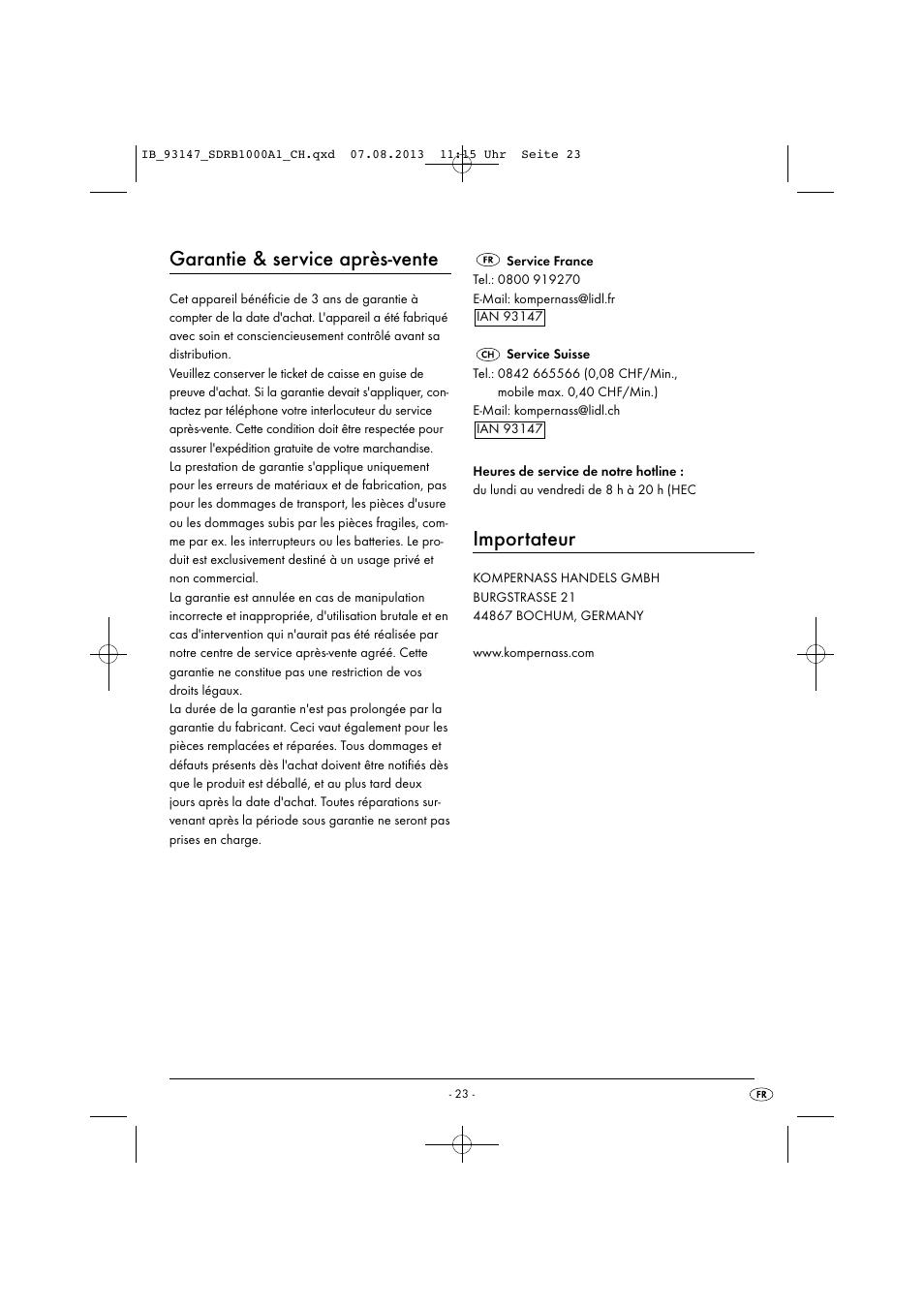 Garantie & service après-vente, Importateur | Silvercrest SDRB 1000 A1 User Manual | Page 26 / 51